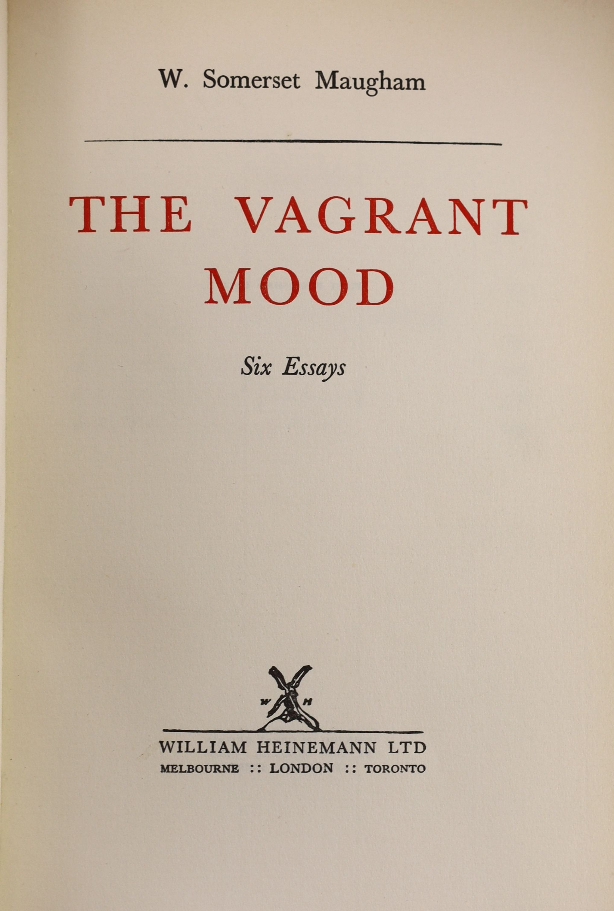 Maugham, William Somerset - The Vagrant Mood, 1st edition, one of 500, signed, 8vo, calf gilt by Sangorski and Sutcliffe, William Heinemann, London, 1952 and The Complete Short Stories, 3 vols, 8vo, red morocco gilt, Lon